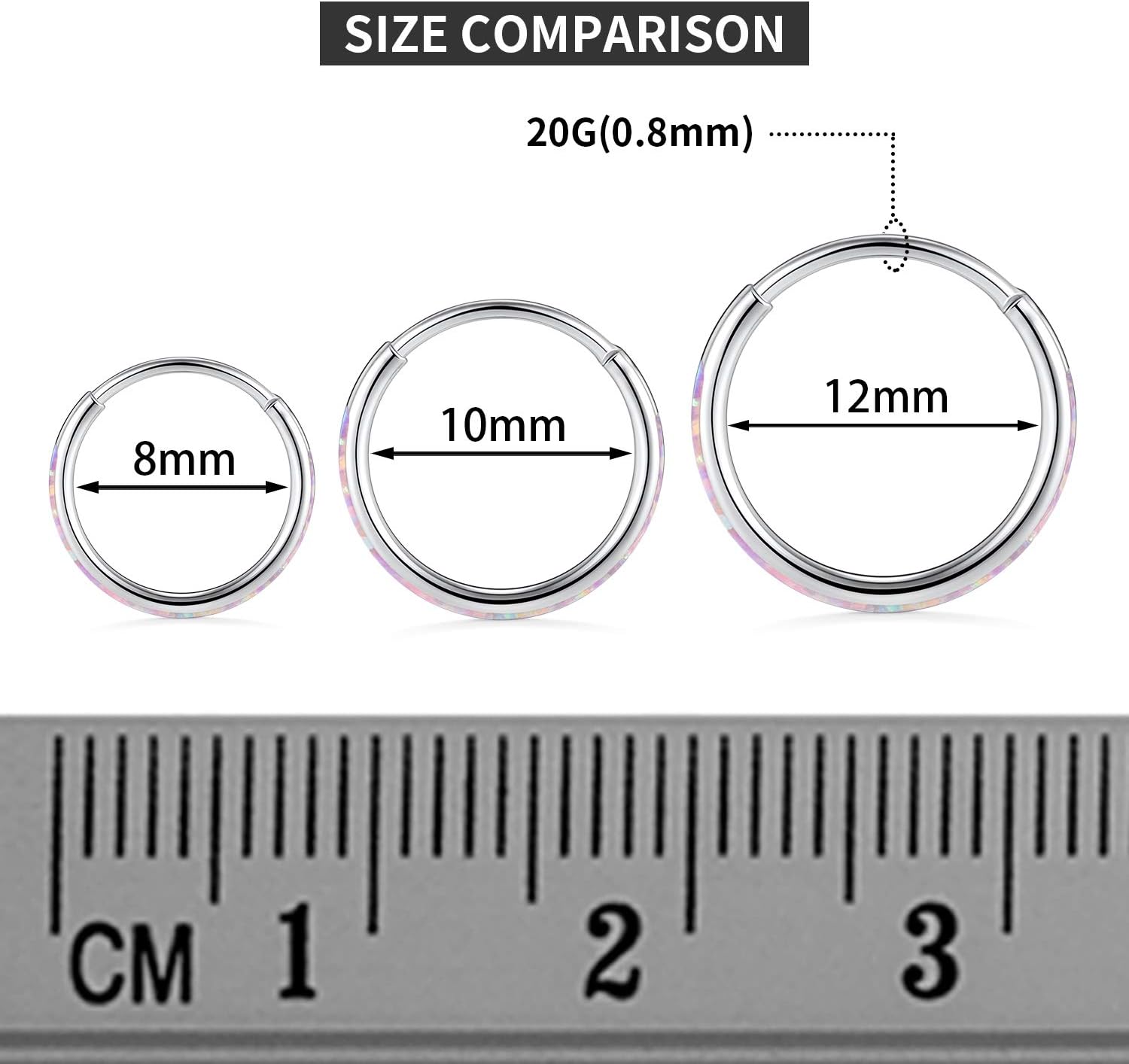 8mm Septum Clicker Silver Cartilage Earring Hoop 20g Silver Nose Rings 20 Gauge Helix Hoop Earring Pink Opal Daith Earrings Tragus Earring Surgical Steel Small Hoop Earrings 8mm Nose Hoop Seamless - Image 4