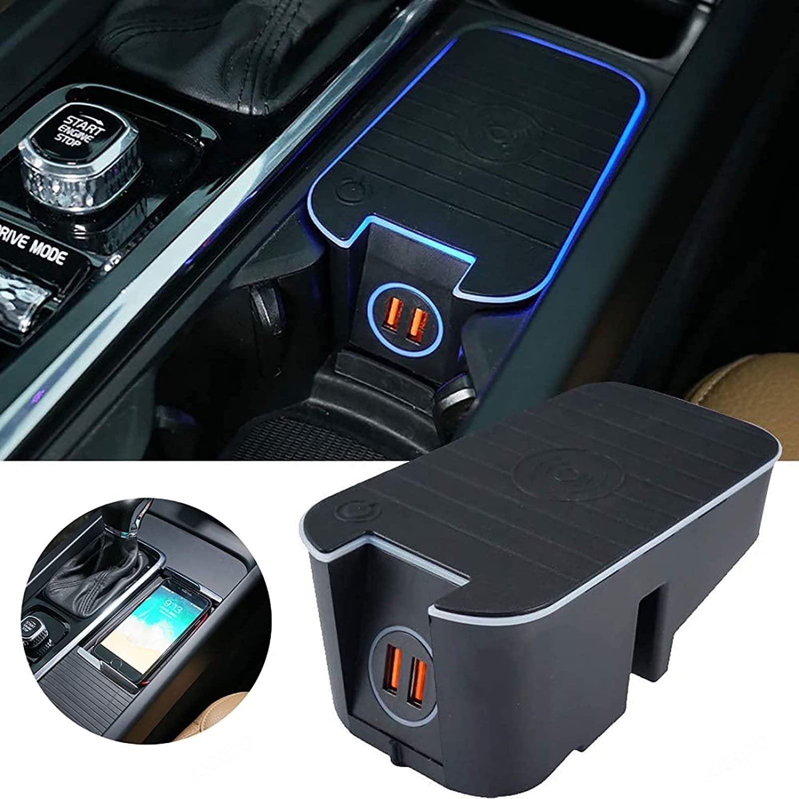 Bezprzewodowa ładowarka samochodowa XC60 S60 V60 XC90 S90 V90 z dwoma portami USB QC3.0 18 W i bezprzewodową ładowarką indukcyjną 15 W do telefonu komórkowego