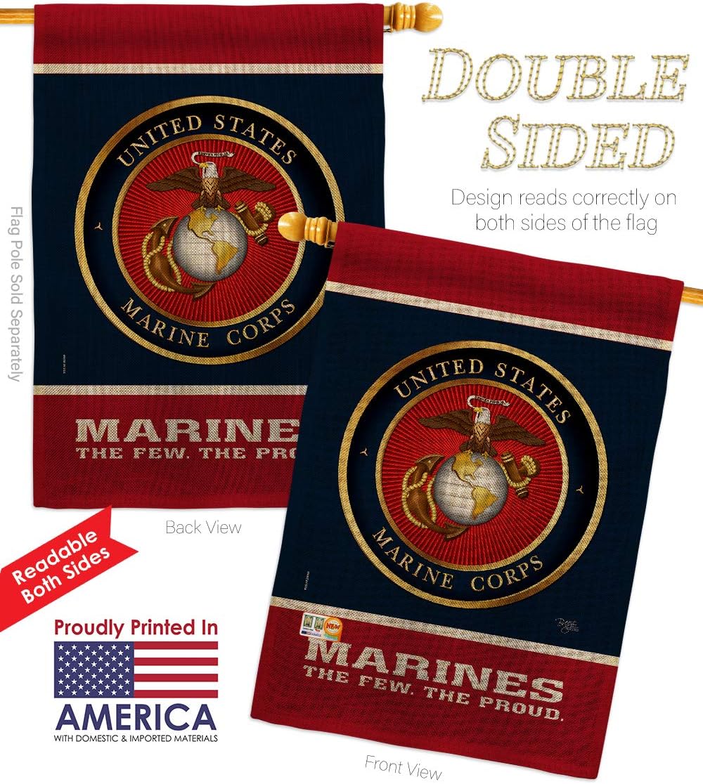 Marine Corps Proud Burlap House Flag Armed Forces USMC Semper Fi United State American Military Veteran Retire Official Small Decorative Gift Yard Banner Double-Sided Made In USA 28 X 40