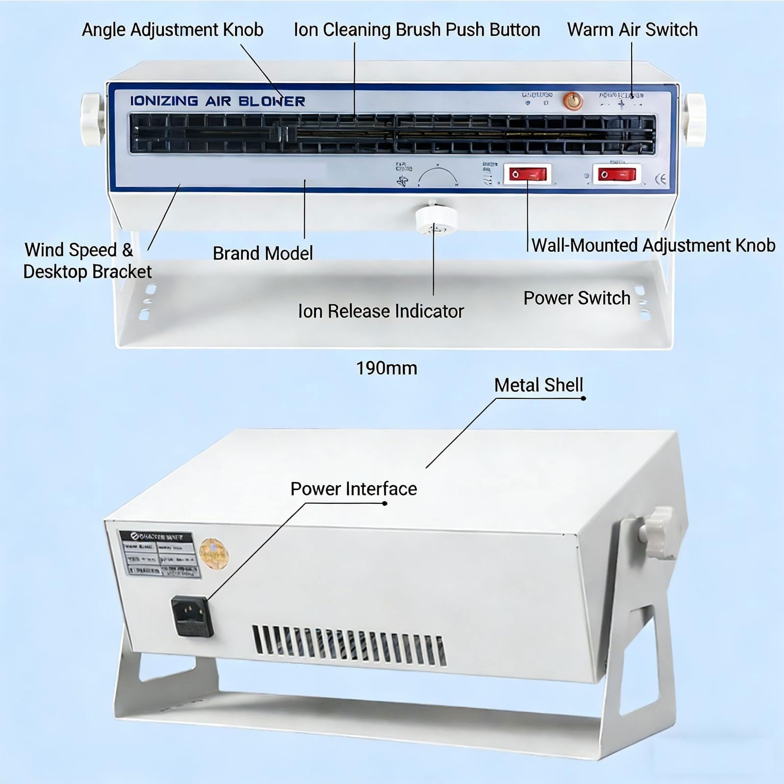 Soplador de Aire ionizante de Escritorio/Montaje en Pared de 350 W, Ventilador de Iones antielectrostático con Soporte Horizontal y luz indicadora de Iones, Volumen de Aire iónico 200-600 CFM