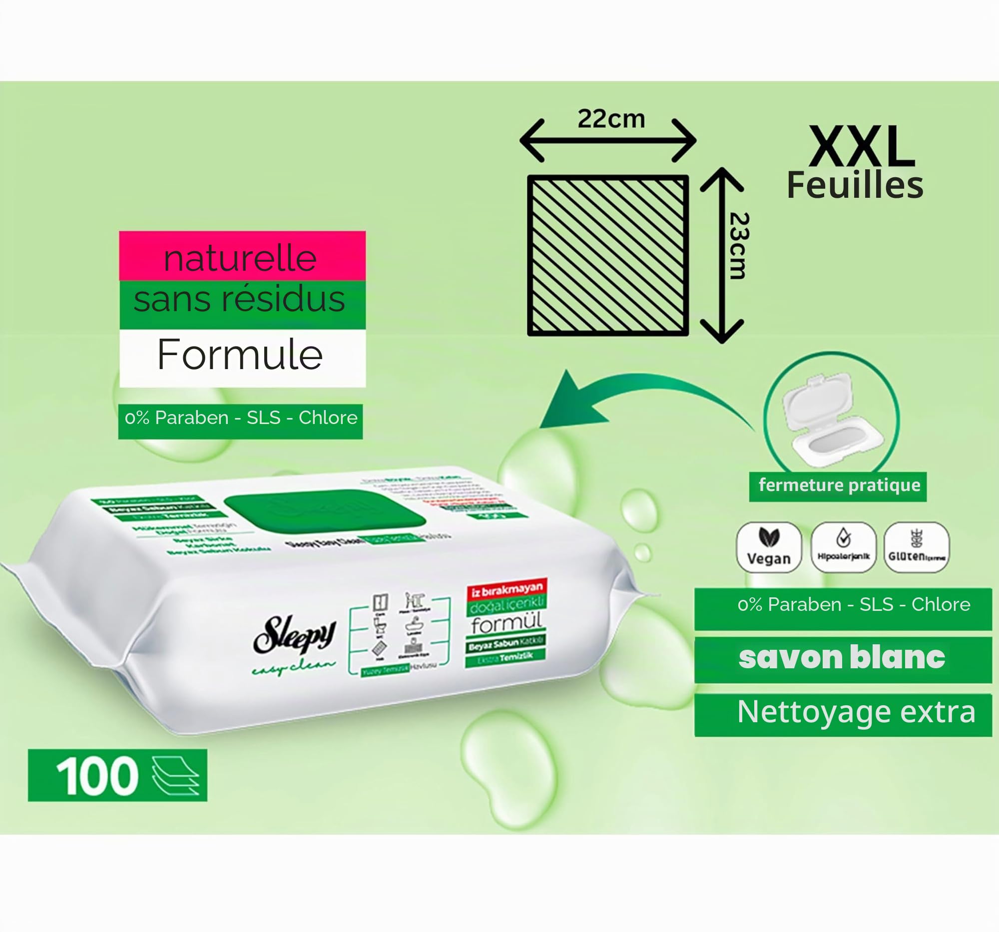 Clearfee Lingettes de nettoyage XXL Lot de 12 paquets de 100 lingettes jetables sans chlore paraben 100 feuilles