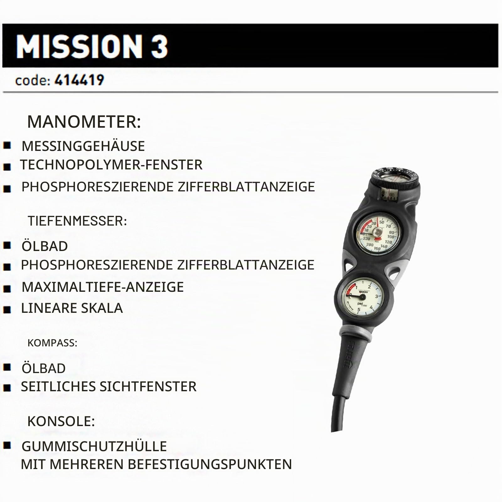 Mares Finimeter Mission 3, Tauchmanometer Black, One size