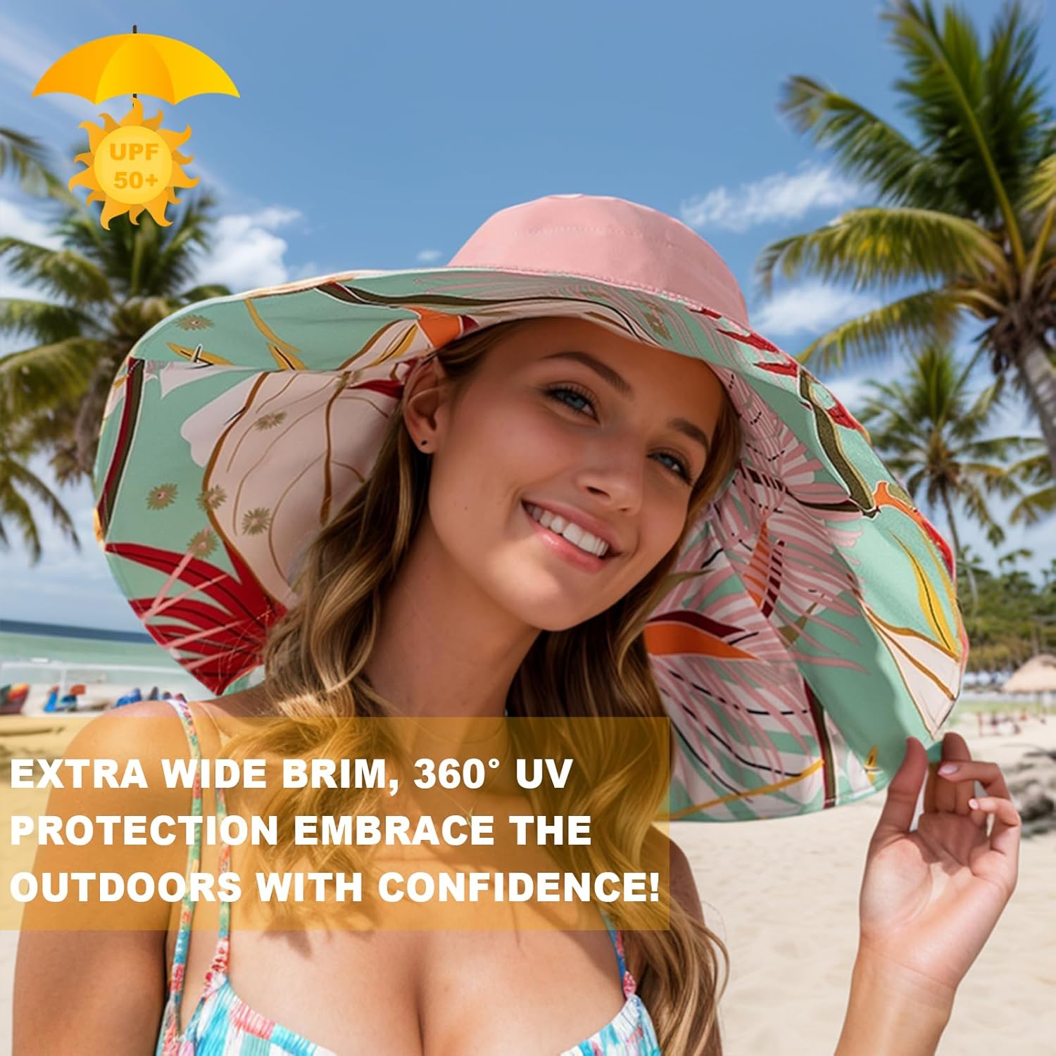 Women's Wide Brim Sun Hats UV Protection - Reversible Bucket Hat Foldable Beach Hat with Chin Strap Summer Hat for Travel - Image 2