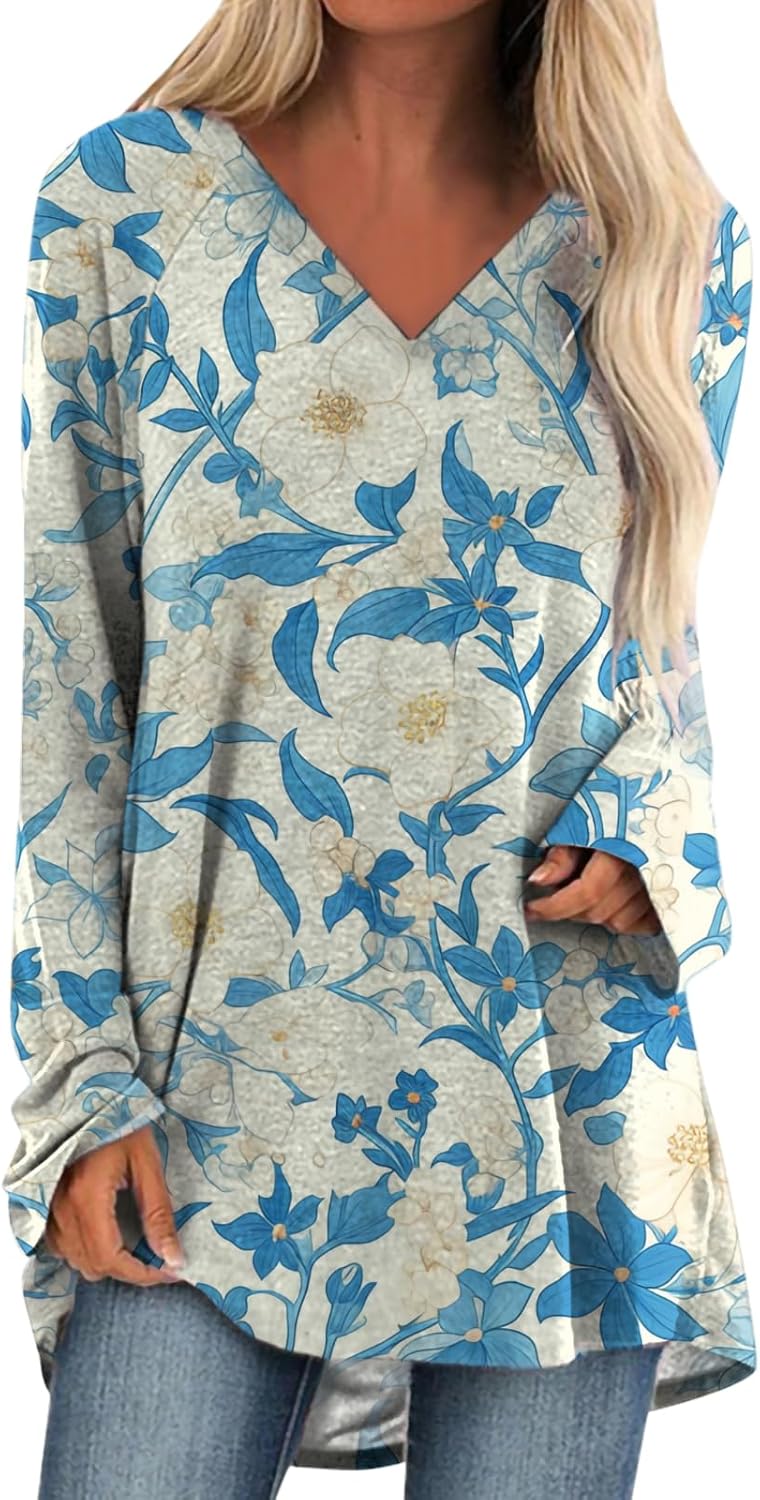 MARSVOVO Casual Shirts for Women V Neck Comfy Curved Hem Plus Size Tunic Loose Fit High Hem Basic Tops