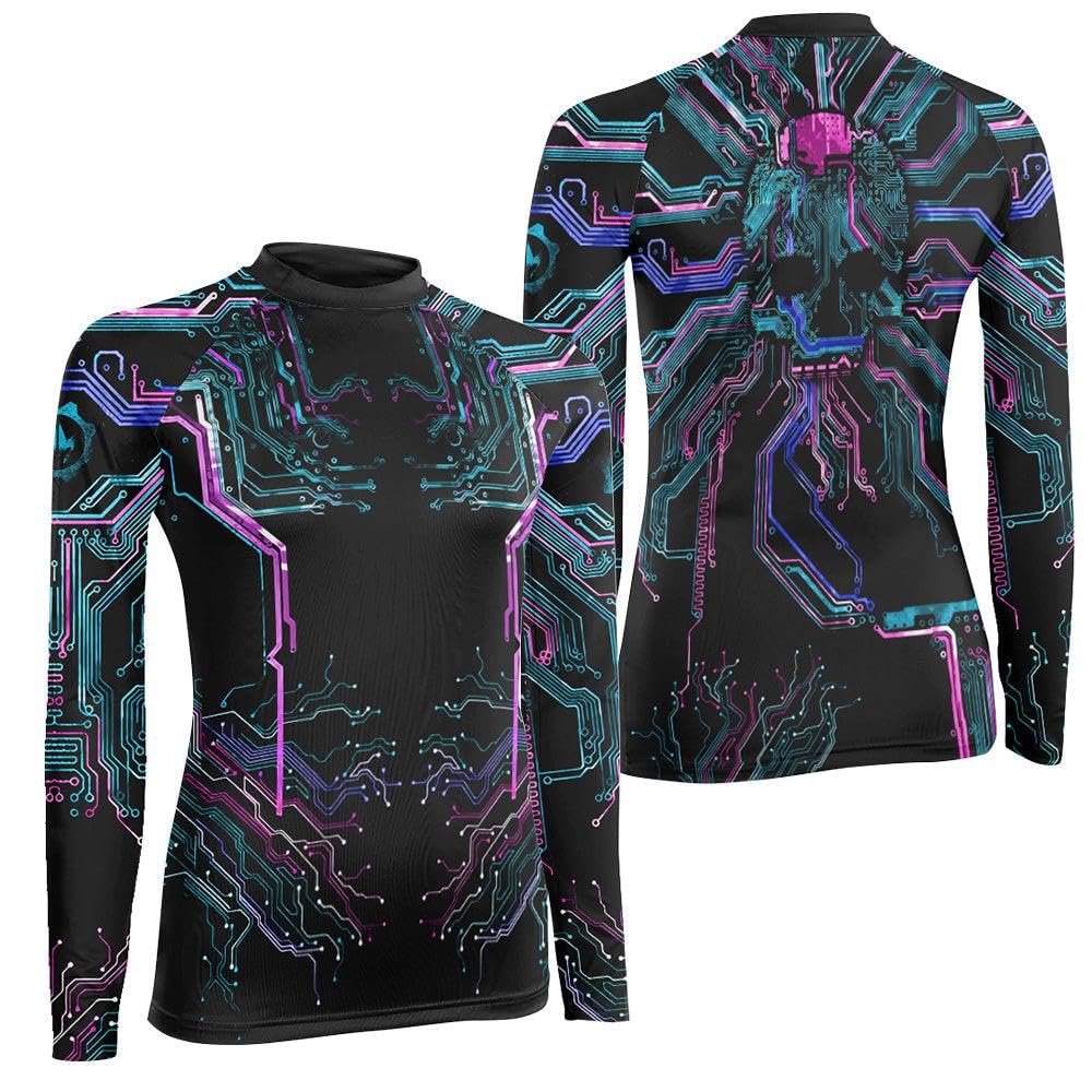 BattleFitGear Glowing Circuit Women's Long Sleeve Rash Guard – Compression Training Shirt for MMA, BJJ, Grappling & Fitness (US, Alpha, Medium, Regular, Regular, V2)