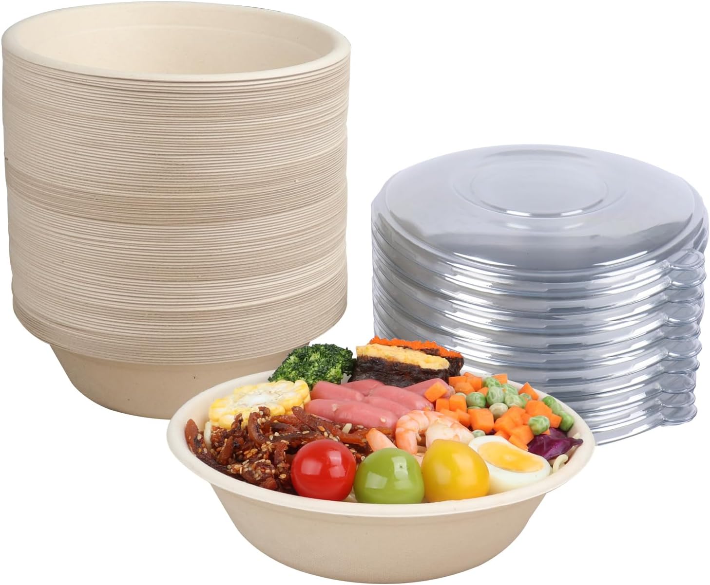 32 oz Disposable salad bowls with lids, Sugarcane Fiber Paper Bowls take away food containers Plant Fibers Freezer Safe 50 Pack