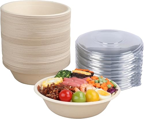 32 oz Disposable salad bowls with lids Bagasse food storage 50 Pack