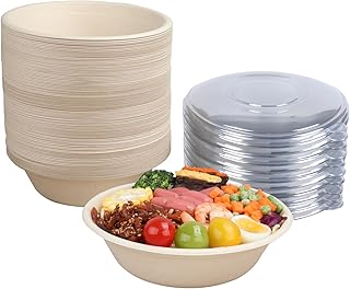 32 oz Disposable salad bowls with lids, Sugarcane Fiber Paper Bowls take away food containers Plant Fibers Freezer Safe 50 Pack