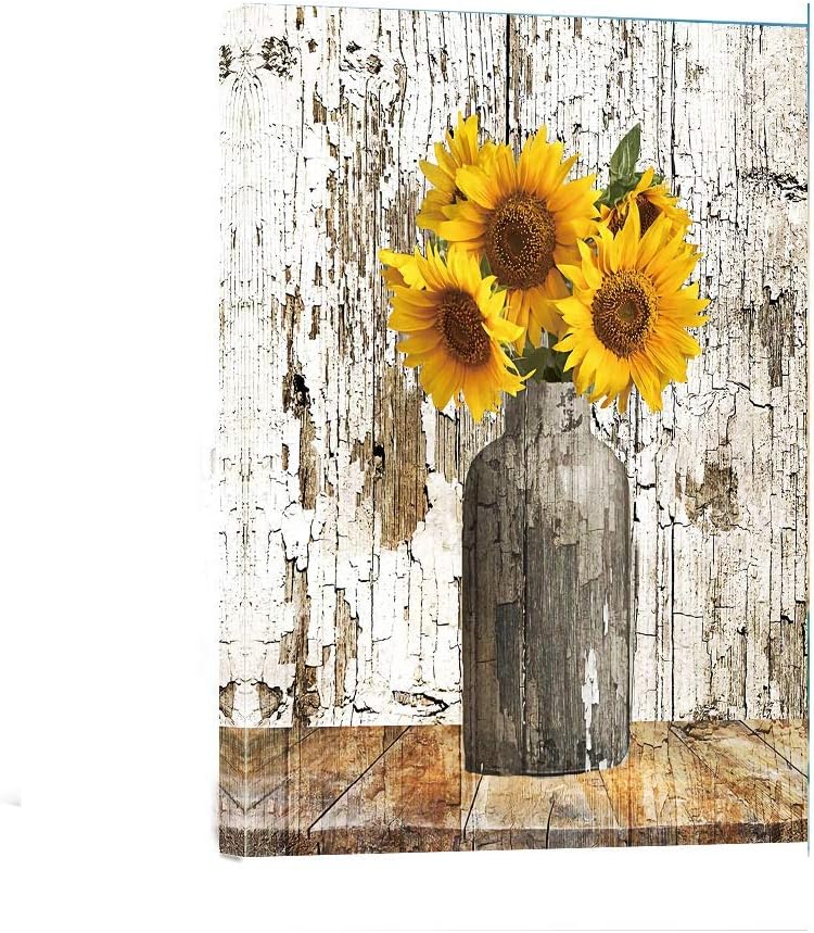 Amoy Art - Bathroom Canvas Wall Art Yellow Sunflowers Pictures Painting -12" x 16" Sunflowers Vintage Wood Background Rustic Canvas Prints Framed for Home Bedroom Wall Decor