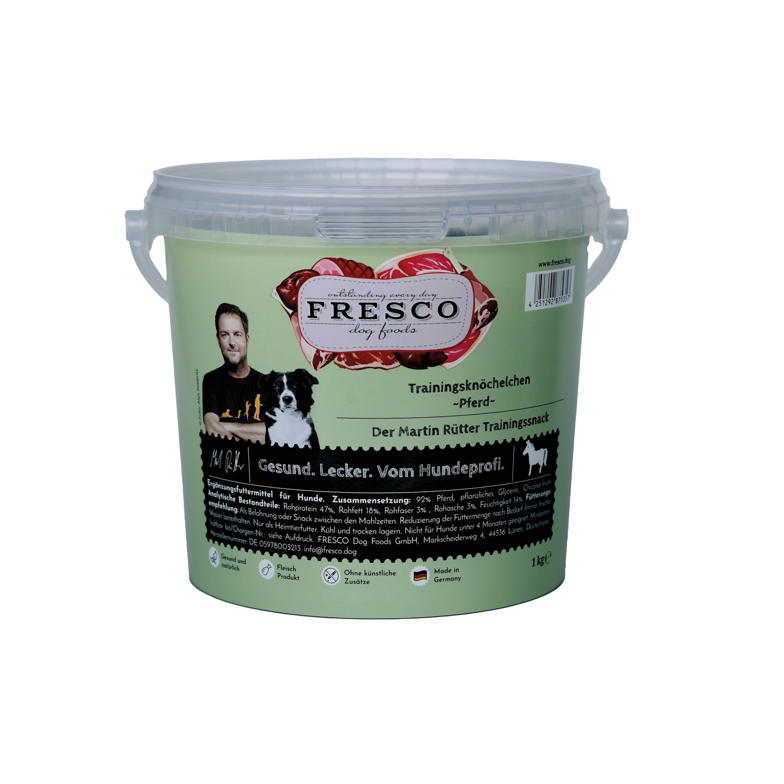 FRESCO Dog Martin Rütter Trainingsknöchelchen Pferd 1kg | Hundeleckerli getreidefrei & zuckerfrei mit 92% Frischfleisch | Fettarme Pferdeleckerlis hypoallergen fürs Hundetraining