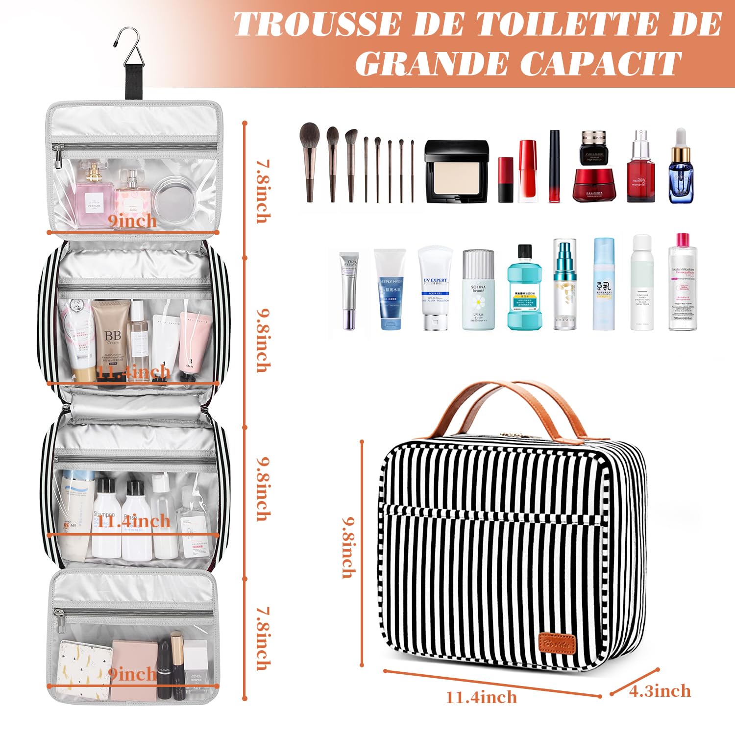 Kulturbeutel, Reise-Kulturtasche für Damen, große Kapazität, Kulturbeutel, wasserdicht, hängend, Make-up-Tasche für Damen und Herren, Make-up-Tasche für Reisen, Schwarz , 11.4 x 4.3 x 9.8 cm, Lässig