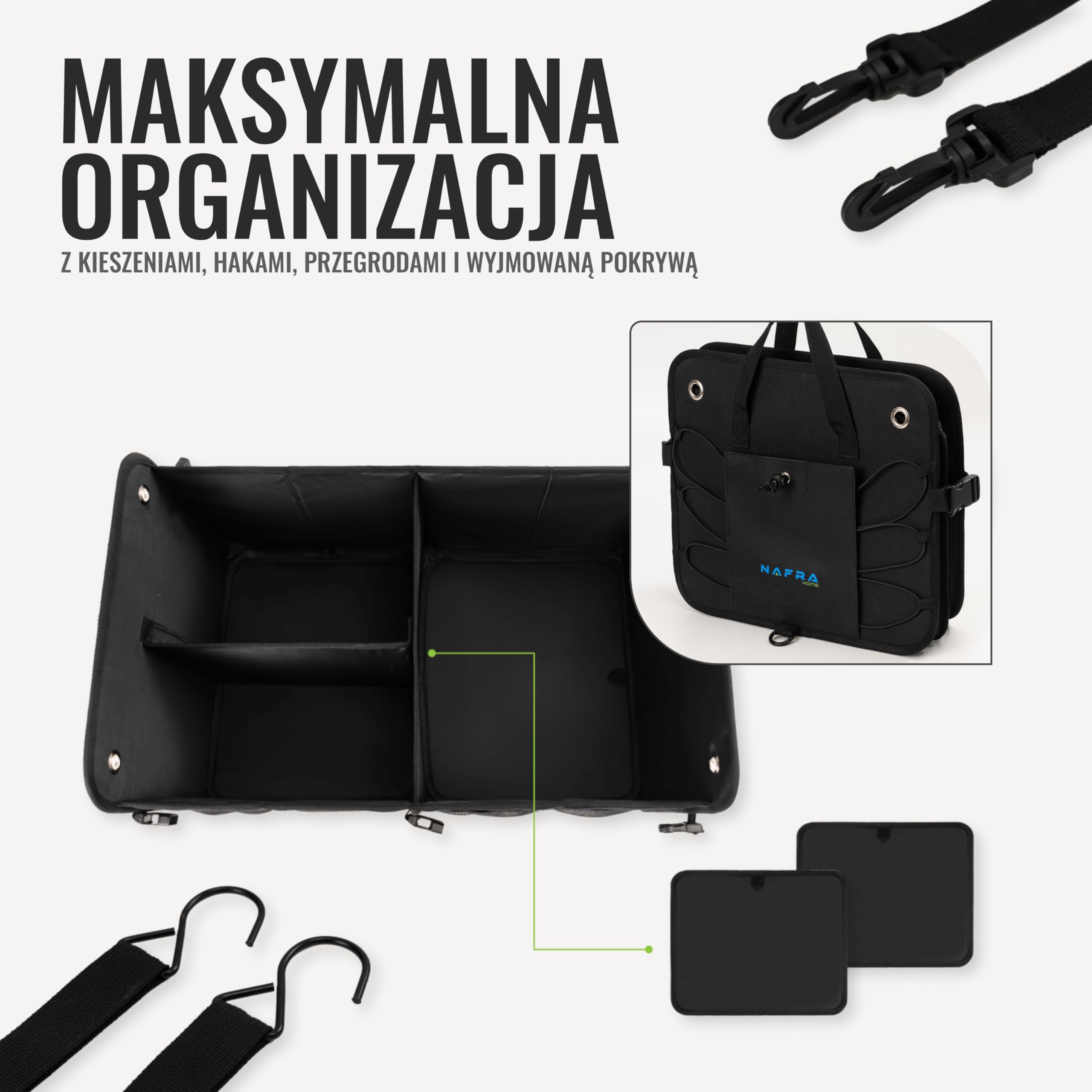 Organizer do Bagażnika 65L – Organizer Samochodowy Składany z Pokrywą i Antypoślizgowym Spodem – Torba do Samochodu z Tkaniny Oxford 600D, Sztywna Konstrukcja, Czarny