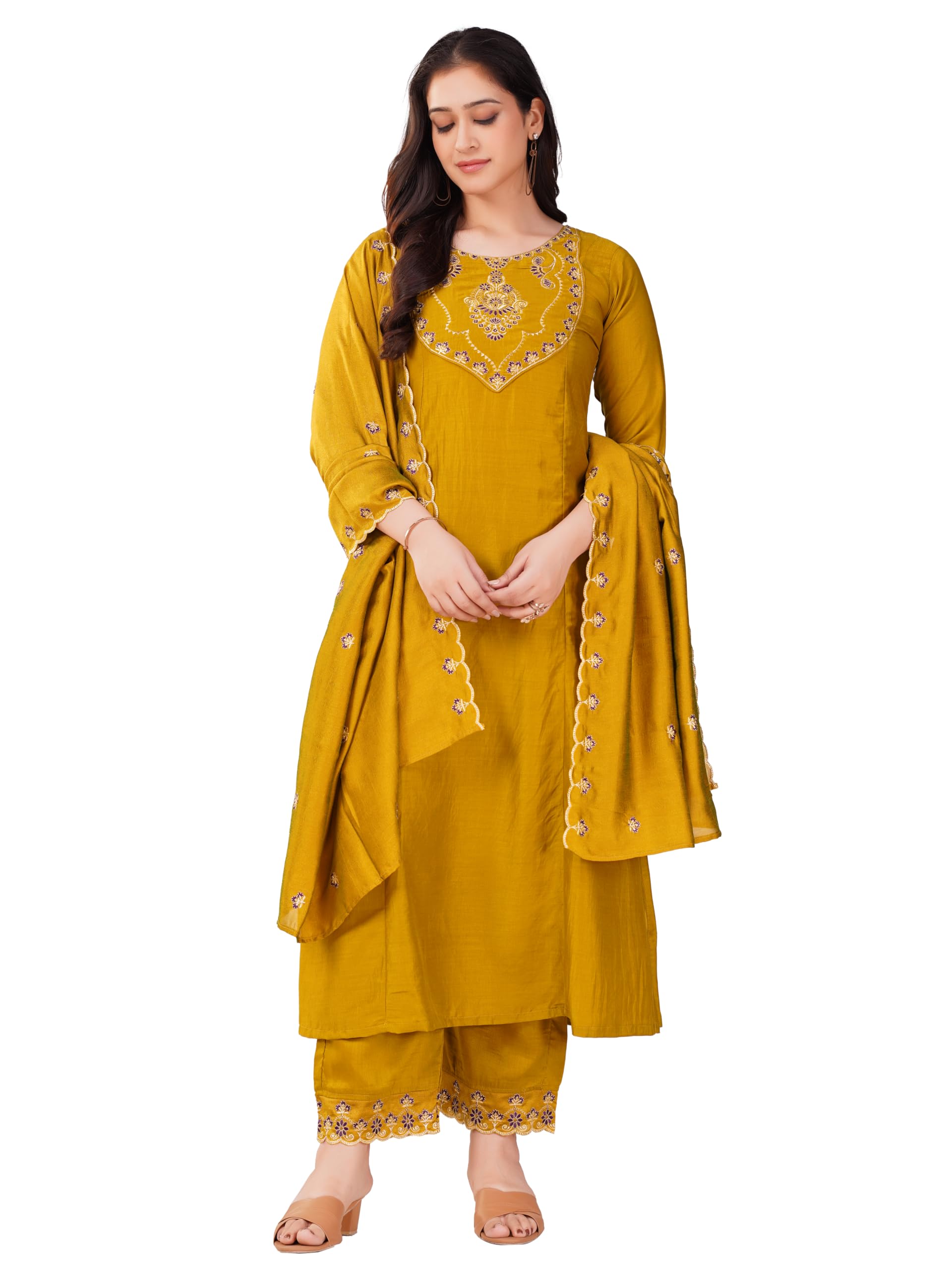granthva fab Women's Silk Embroidered A-Line Straight Kurta Set for Women With Pant and Dupatta (kurta sets for women)-picture-47