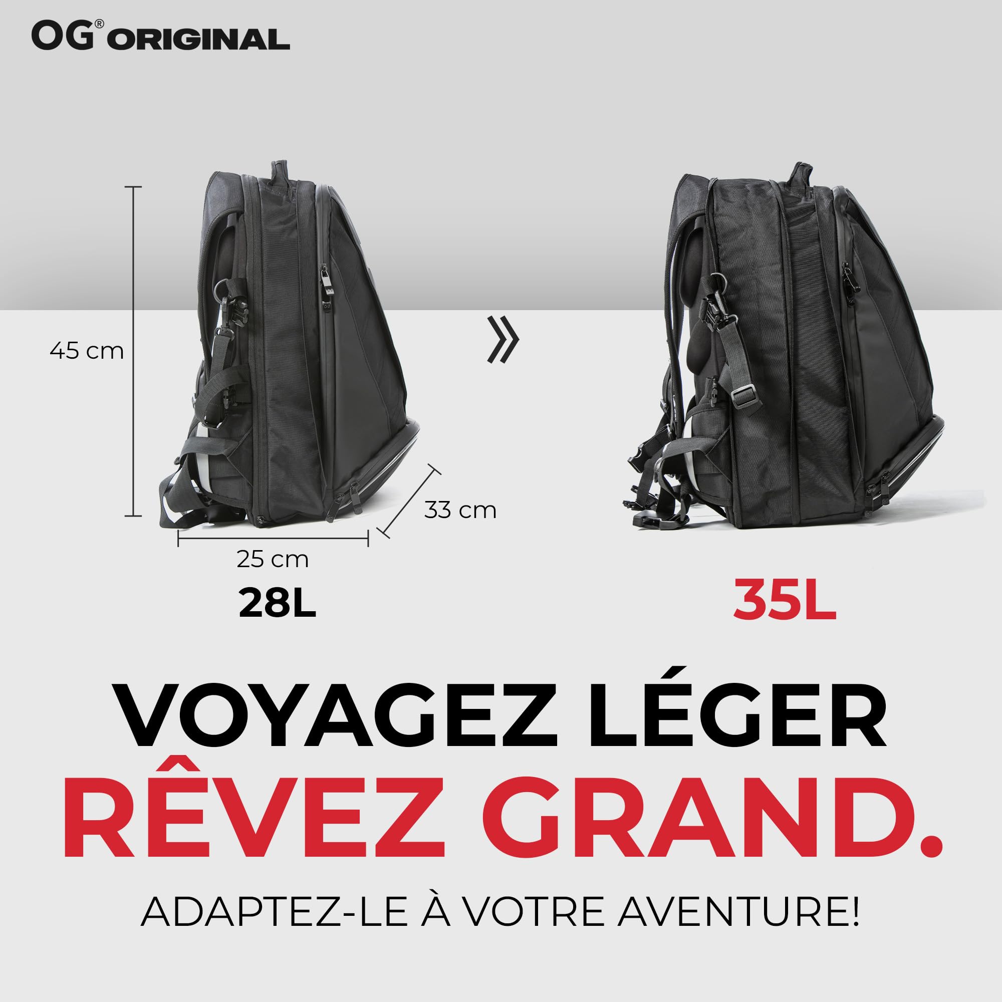OG Original EZ-RiderPRO Sac à Dos Moto Noir Extensible 28-35L, Sacoche Porte-Casque Motard, Sangle Casque, Étanche, Portable, Réfléchissant, Logo Noir