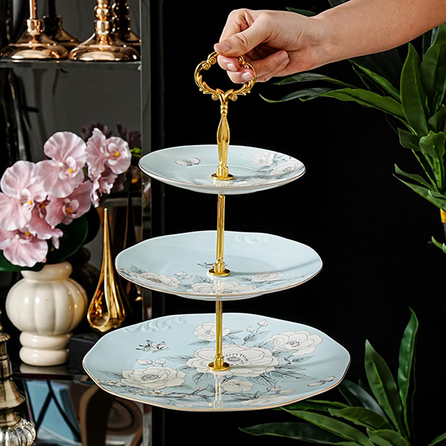 3 Tier Serving Tray, Bone China Cupcake Stand, Floral Afternoon Tea Stand, Porcelain Tiered Dessert Stand with Gold Rod and Gold Trim, Elegant Cupcake Tower Stand for Tea Party Birthday Party