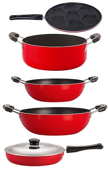 Nirlon 2 Layer Coated Non-Stick 5 Piece Aluminium Pots and Pans Cooking Utensils Combo Set