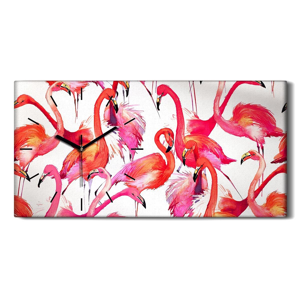 Horloge sur toile silencieuse 60x30cm décor flamants roses abstraits et mains noires