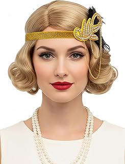 Golden Short Curly Wig for Womens Golden 1920s Retro Finger Wave Wig with Accessories for Halloween Cosplay