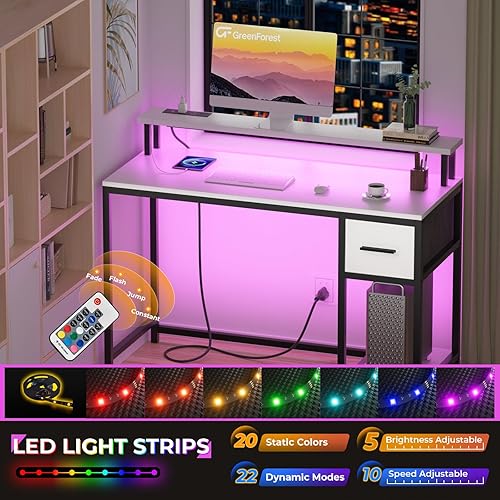 Miniatura 4 de GreenForest Escritorio para computadora con cajones de 39 pulgadas, escritorio para juegos con luces LED y tomas de corriente, escritorio pequeño