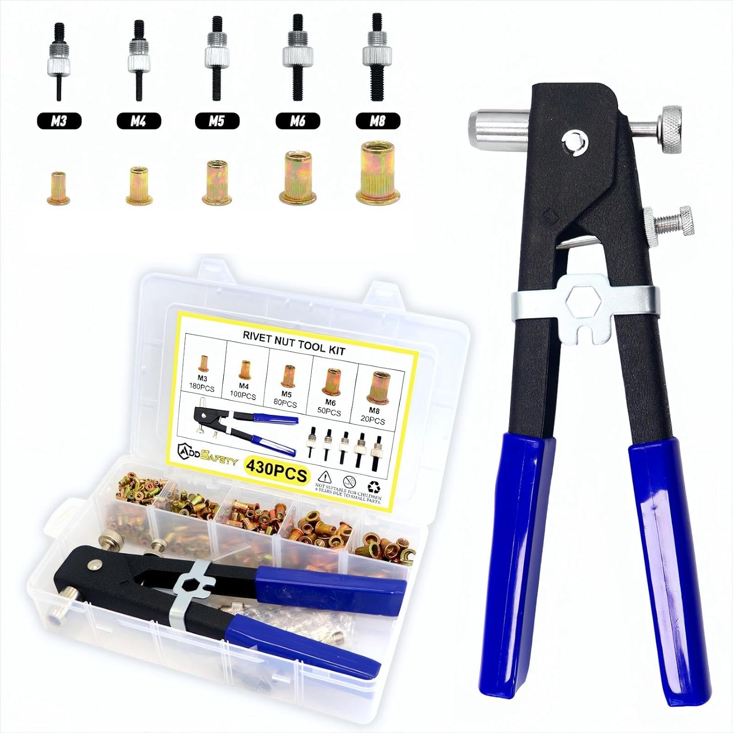 Rivet Nut Tool Kit,430PCS Zinc Plated Carbon Steel Metric Rivet Nut Combination M3/M4/M5/M6/M8,Suitable for Home Furnishings, Furniture, Decoration, etc