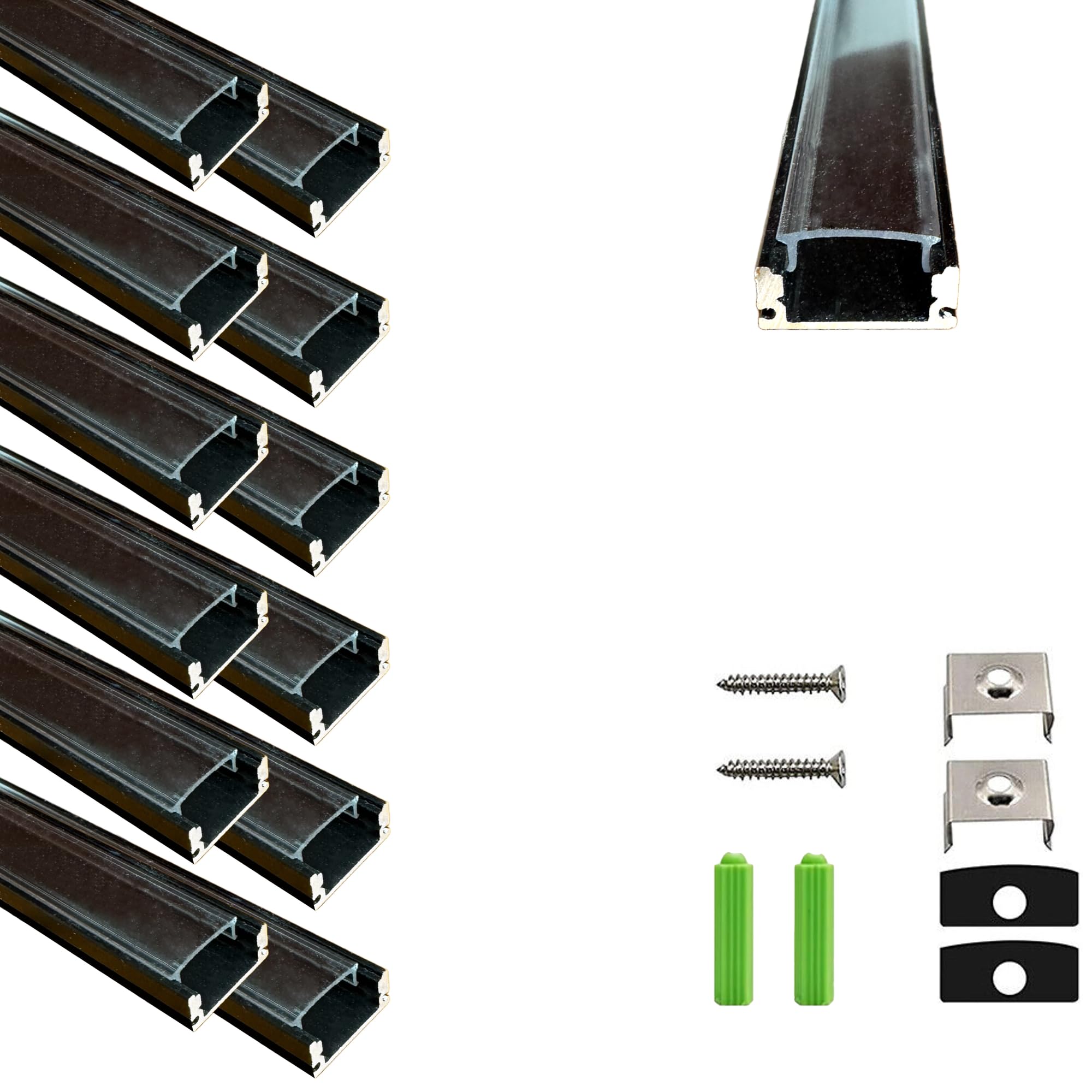 BMF DIRECT 12 Pack LED Aluminum Profile, 1 Meter/3.3ft U-Shape LED Channel with Cover Diffuser, LED Strip Channel (12 Pack Black with Transparent Cover)