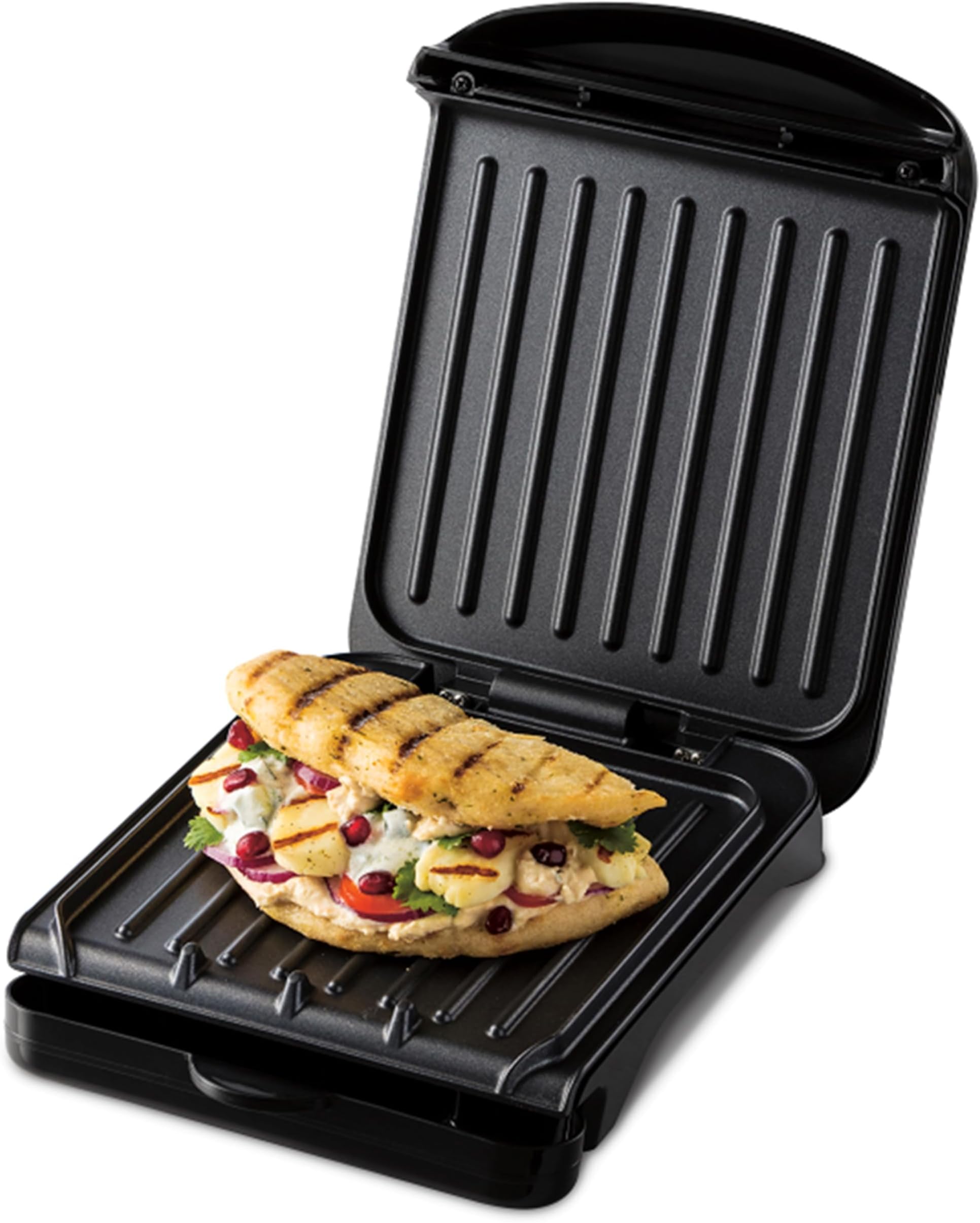 George Foreman Small Electric Fit Grill [Non stick, Healthy, Griddle, Toastie, Hot plate, Panini, BBQ, Energy saving, Vertical storage, Easy clean, Drip tray, Ready to cook light] Black, 760W 25800