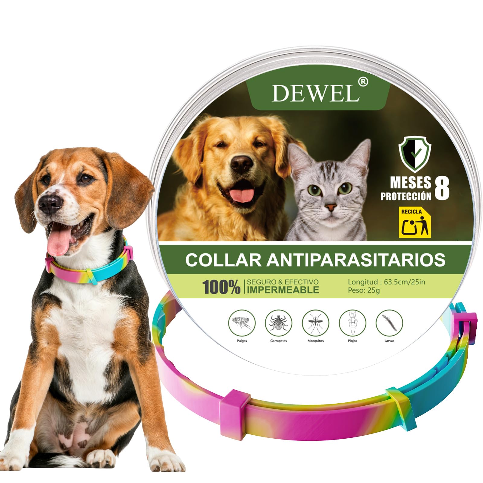 DEWEL Anti-parasitic Collar for Large and Medium Dogs (62 cm) - 8 Months Effective Protection Against Fleas, Ticks, Mosquitoes and Lice - Adjustable, Comfortable and Waterproof