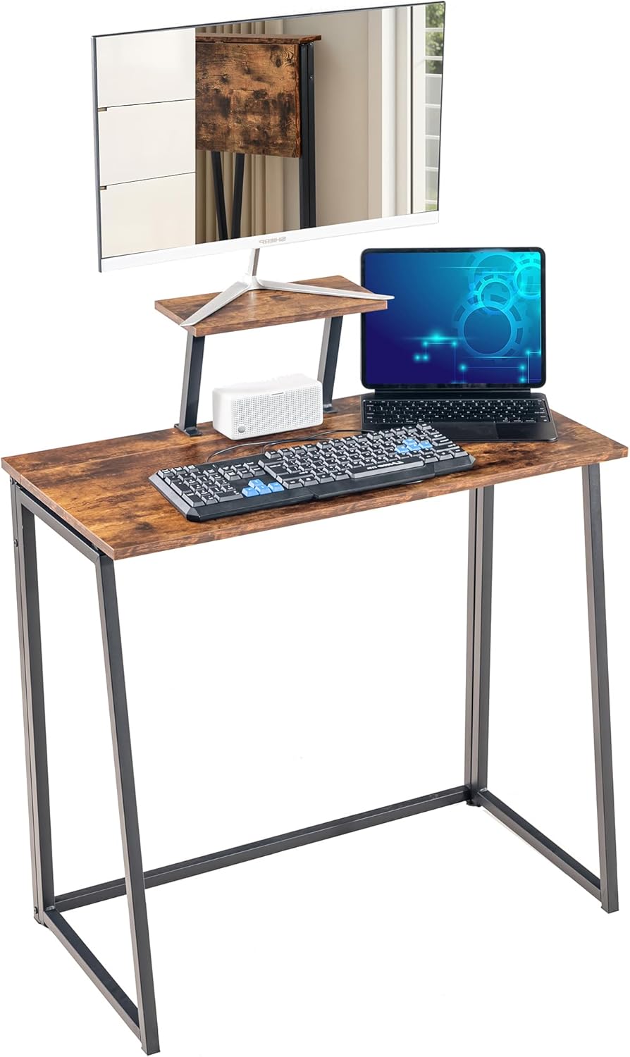 FurnitureR Folding Desk 31.5 Inch Small Computer Desk with Shelf, Compact Writing Table with Removable Monitor Stand, Space Saving Laptop Desk or Side Table for Home Office Bedroom, Brown
