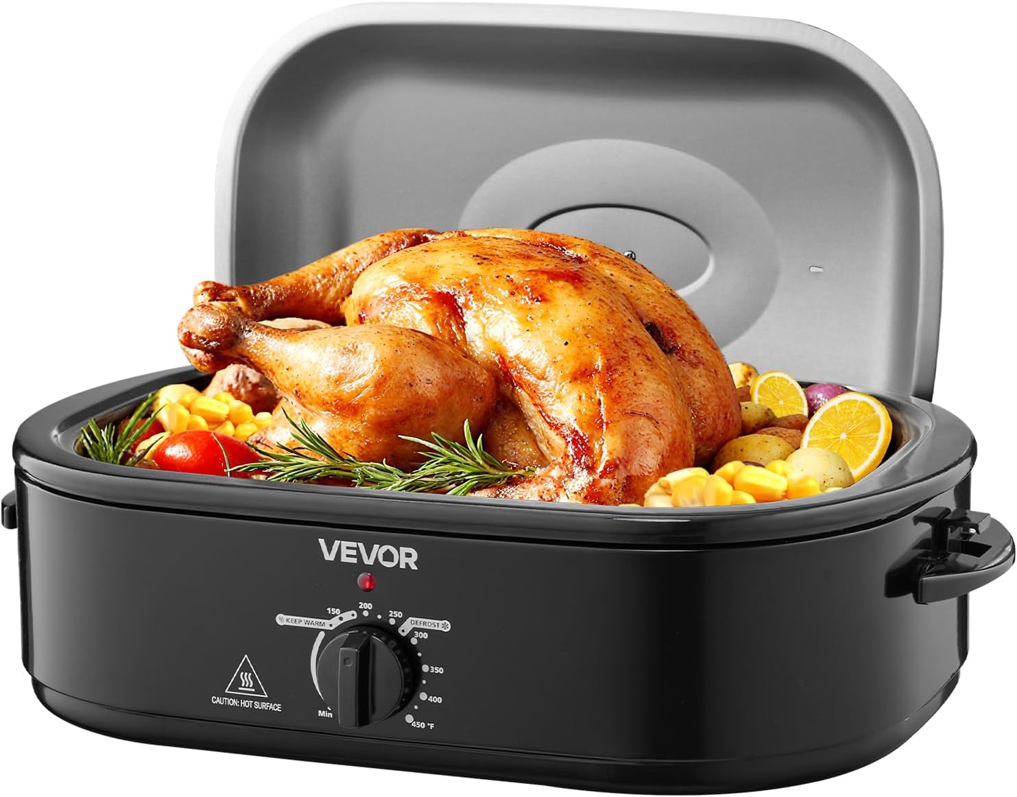 VEVOR Roaster Oven, 18QT Fast-Cooking Turkey Roaster, 150-450℉ Adjustable Temperature Turkey Oven with Self-Basting Lid, Removable Pan and Rack, Defrost & Warm Function, Electric Roasting Pan for Home