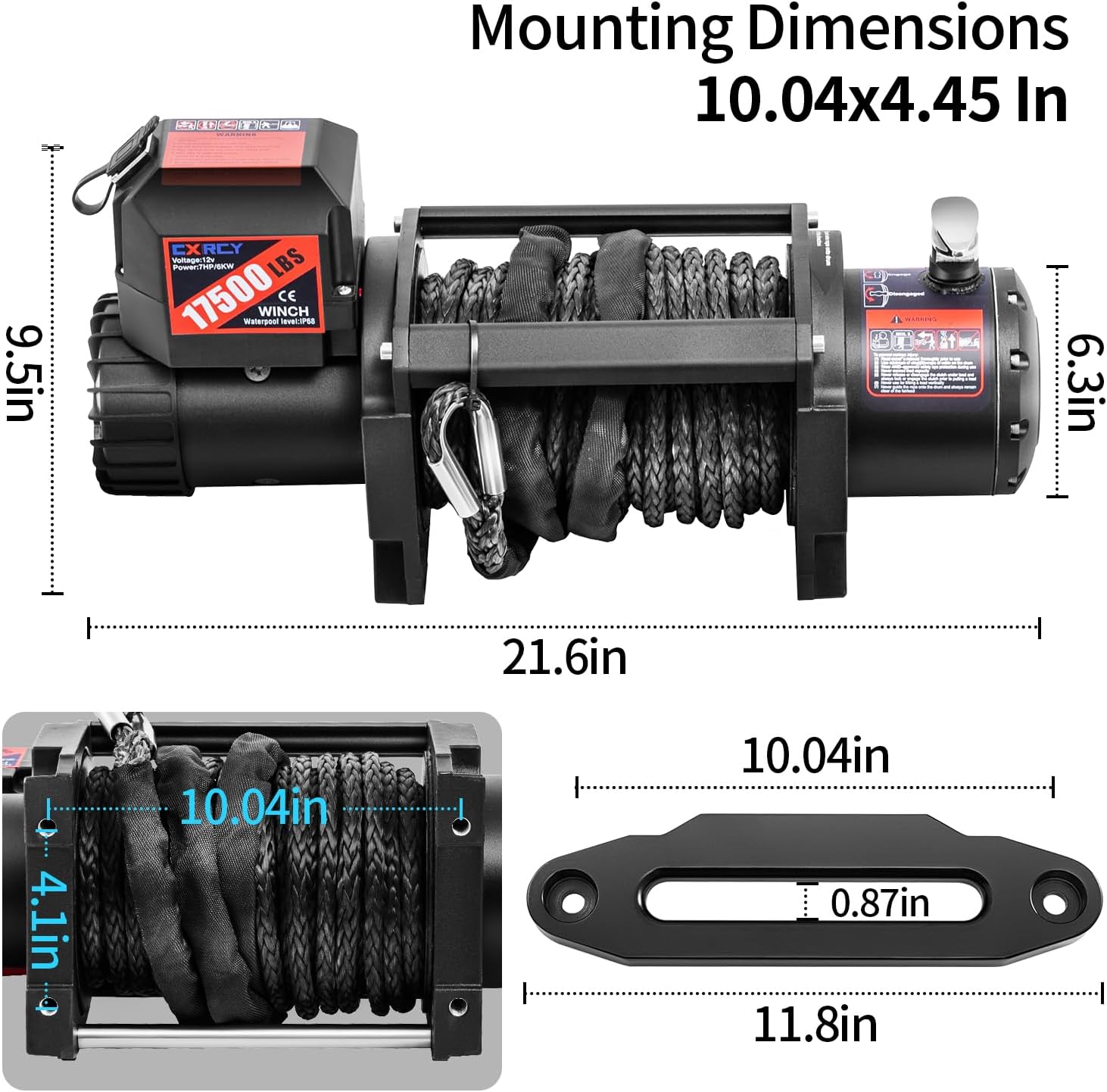 CXRCY 12V Electric Winch,17500LBS Load Capacity Synthetic Rope Towing Winches for Jeep Truck SUV,with Wired Handle and Wireless Remote