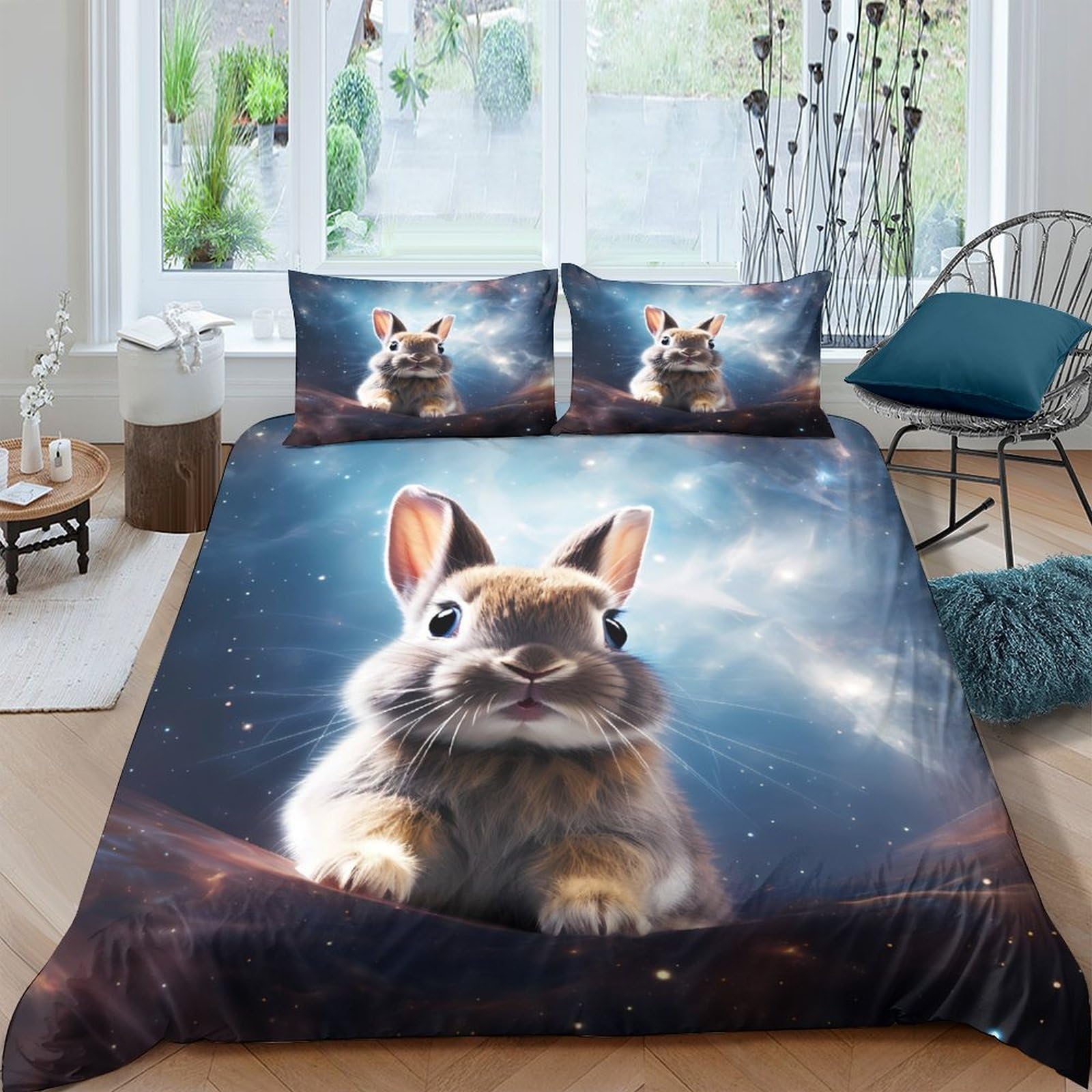 TUFRTGYHN 3D Printed Cute Bunny Duvet Cover Set Microfiber Soft Breathable Galaxy Sky Bedding Set with 2 Pillowcases for Bedroom Home Single（135x200cm）