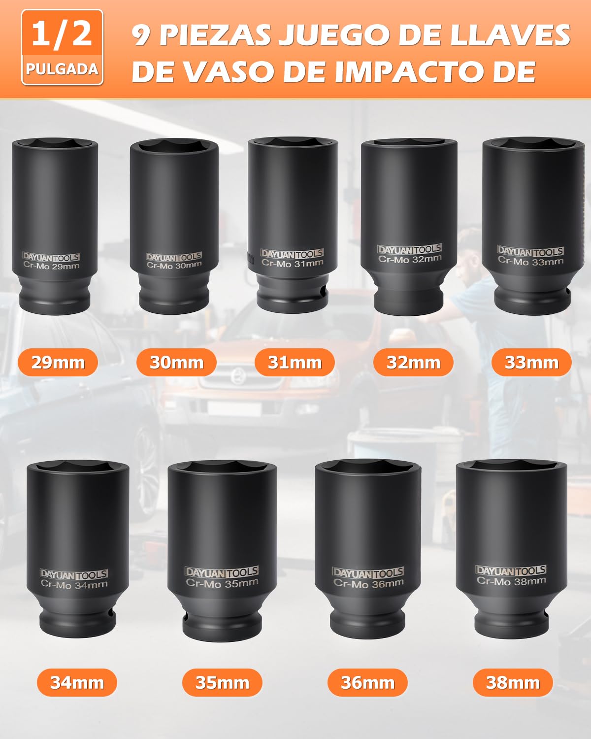 Juego de 9 tuercas de eje de impacto de 1/2 pulgada 29 30 31 32 33 34 35 36 38 mm