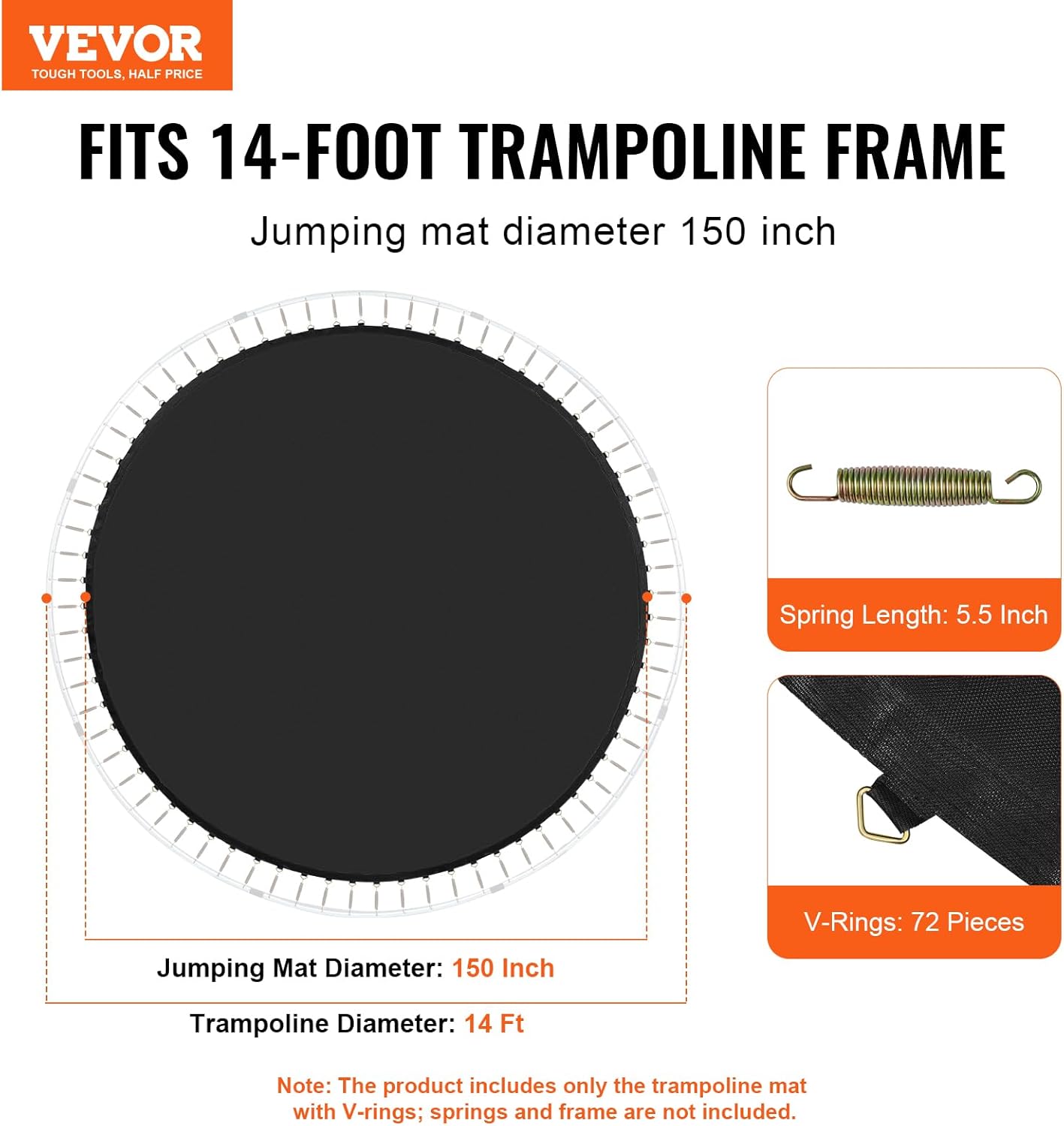 VEVOR Replacement Trampoline Mat, Jumping Mat Fits 12/13/14/15 ft Frame, Universal Jumping Round Trampoline, UV-Resistant Mat with Spring Tool & 72/80/92 V-Rings, Fit 5.5"/6.5"/7" Spring Length
