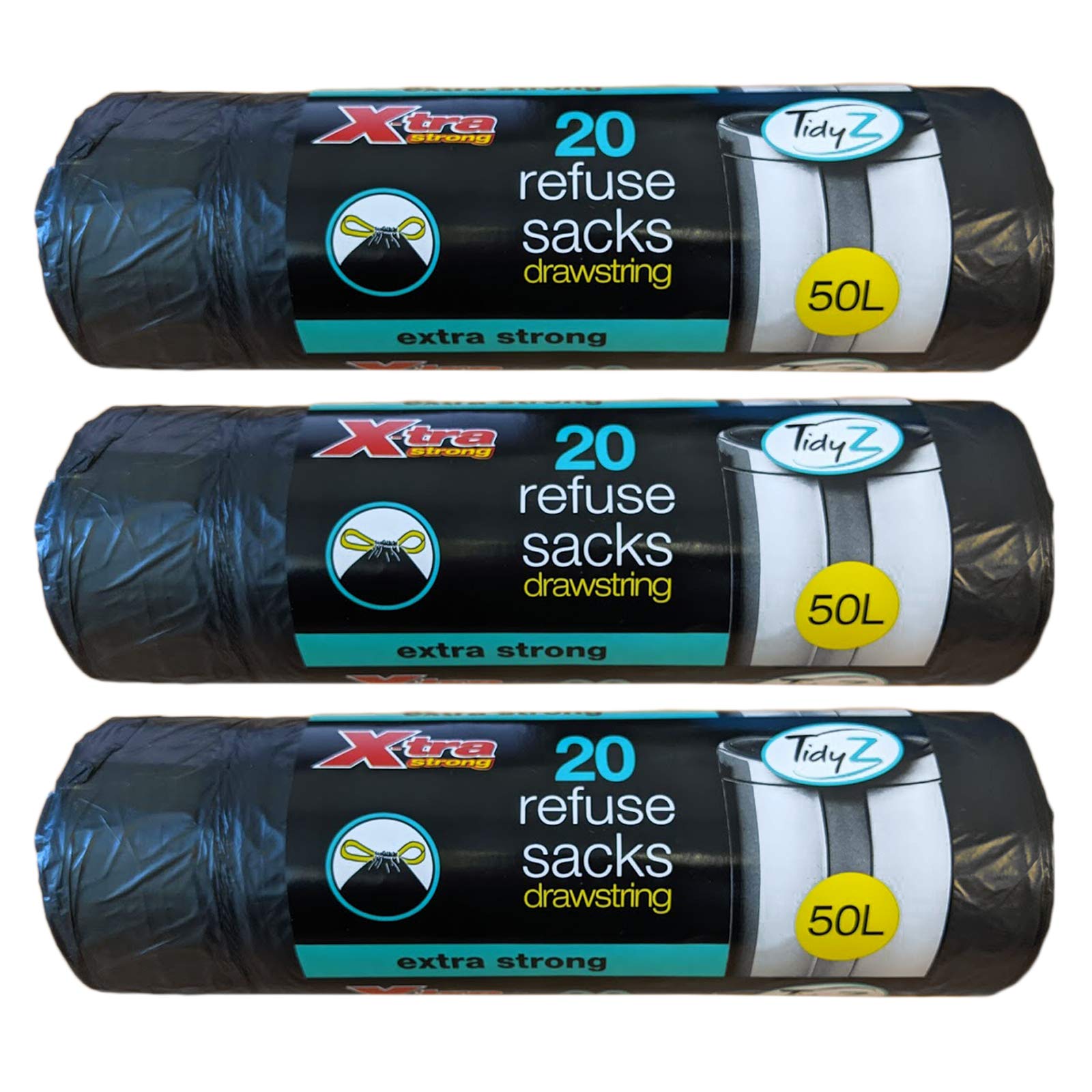 Tidyz Black 60 X 50L Drawstring Refuse Sacks Waste Swing Bin Liners Extra Strong Rubbish Bags