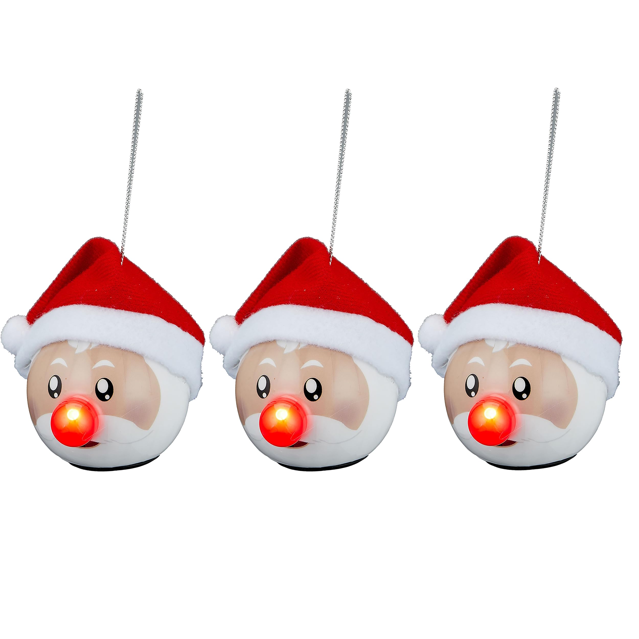 3-teiliges Set witzige Christbaumkugeln mit Blinkender Nase Ø 10 cm | Baumschmuck blinkend - Lustige Weihnachtskugeln mit LED-Blinklicht