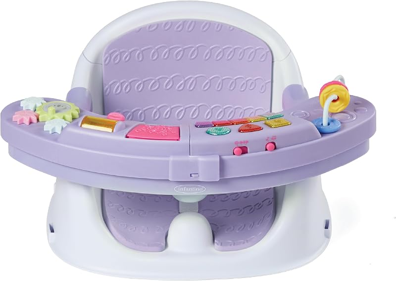 Infantino Music & Lights 3-in-1 Discovery Seat & Booster, Lavender | 20 sounds & songs, Converts from infant seat to booster, Fits dining or kitchen chairs, Includes removable snack tray