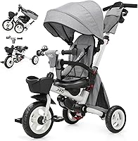 JMMD 8-in-1 Tricycle Stroller with Push Handle, Foldable Toddler Trike, 360° Swivel Seat, All-Terrain Wheels, Gray for 18M-5Y