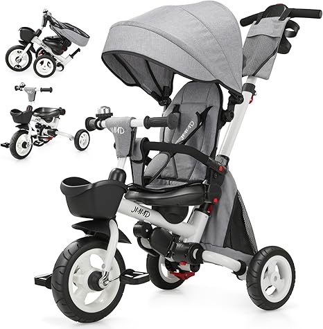 JMMD 8 in 1 Tricycle Stroller with Push Handle, Foldable Trike with 360° Swivel Seat, Reclining Backrest, All-Terrain Wheels, Dual Brakes, Canopy & Storage, Gift for Kids 18 Months to 5 Years, Gray