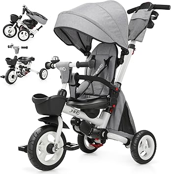 JMMD 8 in 1 Tricycle Stroller with Push Handle, Foldable Trike with 360° Swivel Seat, Reclining Backrest, All-Terrain Wheels, Dual Brakes, Canopy & Storage, Gift for Kids 18 Months to 5 Years, Gray