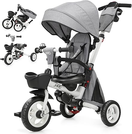 JMMD 8 in 1 Tricycle Stroller with Push Handle, Foldable Trike with 360° Swivel Seat, Reclining Backrest, All-Terrain Wheels, Dual Brakes, Canopy & Storage, Gift for Kids 18 Months to 5 Years, Gray