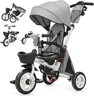 JMMD 8 in 1 Tricycle Stroller with Push Handle, Foldable Trike with 360° Swivel Seat, Reclining Backrest, All-Terrain Wheels, Dual Brakes, Canopy & Storage, Gift for Kids 18 Months to 5 Years, Gray