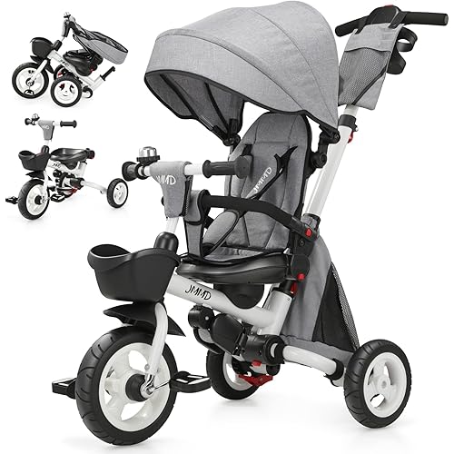 JMMD 8 in 1 Tricycle Stroller with Push Handle, Foldable Trike with 360° Swivel Seat, Reclining Backrest, All-Terrain Wheels, Dual Brakes, Canopy & Storage, Gift for Kids 18 Months to 5 Years, Gray
