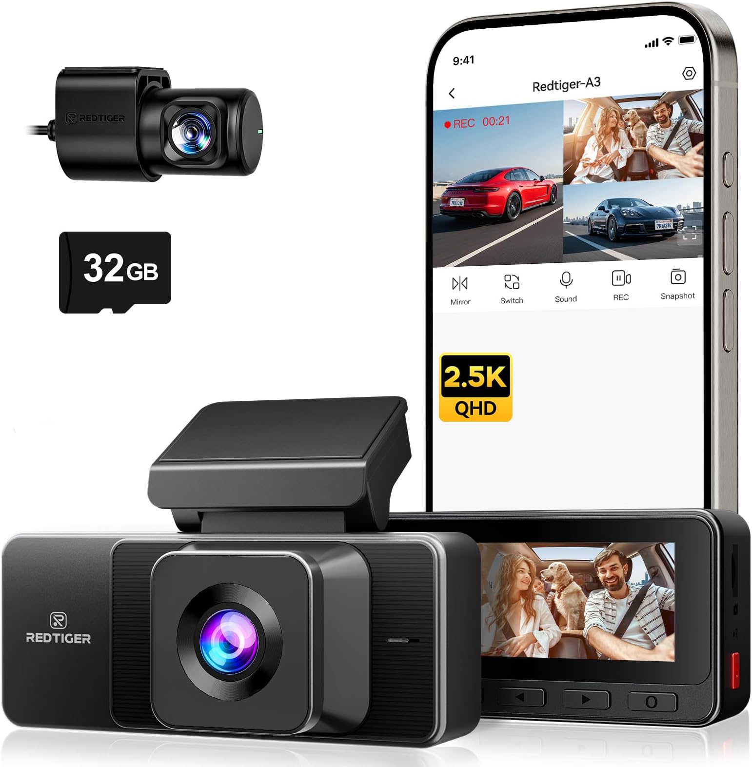 A3 3 Channel Dash Cam Front and Rear Inside, 2.5K + 1080P + 1080P Dash Camera for Cars with WiFi, IR Night View, 3.18" Screen, Parking Mode, Loop Recording, 32GB Card Included, Support 256GB