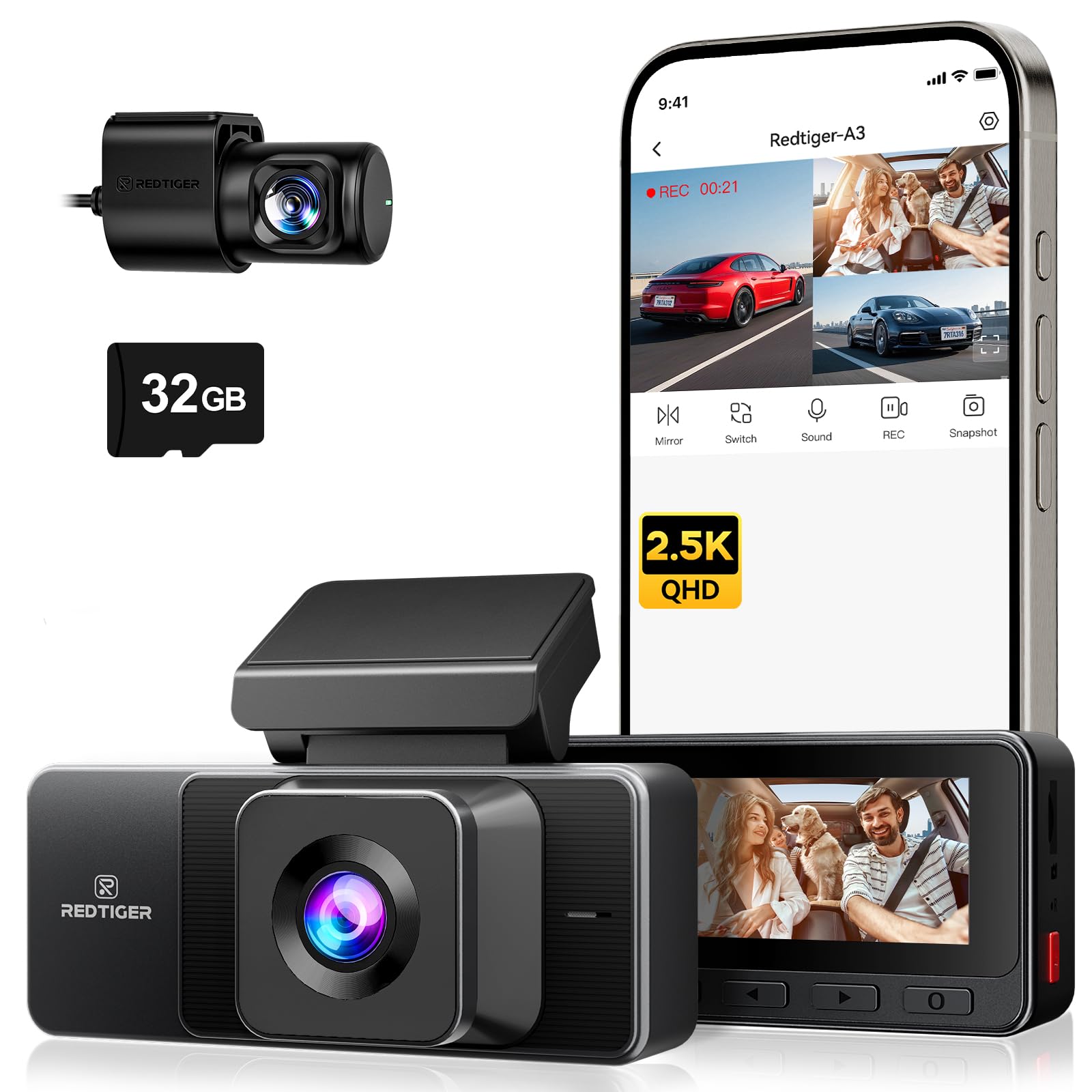 REDTIGER A3 3 Channel Dash Cam Front and Rear Inside, 2.5K+1080P+1080P Car Camera with WiFi, 3.18" Screen, IR Night View, 24H Parking Mode, Loop Recording, 32GB Card Included, Supports 256GB