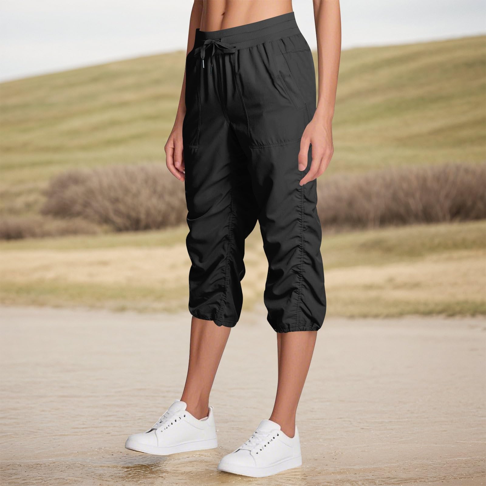 Summer Capris for Women Lightweight Elastic Waist Quick Dry Breathable Capri Pants with Pockets Outdoor Camping Running Hiking Pants Plus Size Stretch Joggers Long Shorts Below The Knee Black