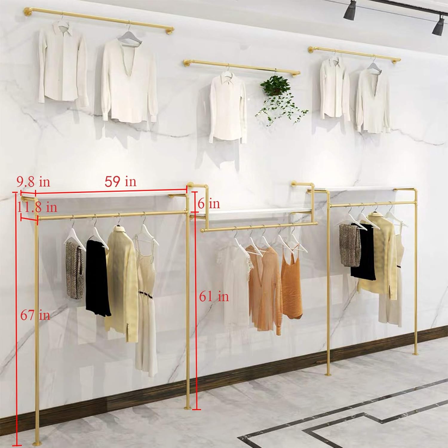 Simple Metal Wood Clothing Store Display Stands, Entrance Porch Organization Hanging Garment Rack,Wall Mounted Storage Clothes Shoe Bag Pipe Shelf, Home Bookcase Towel Rack (Gold, 59" L)