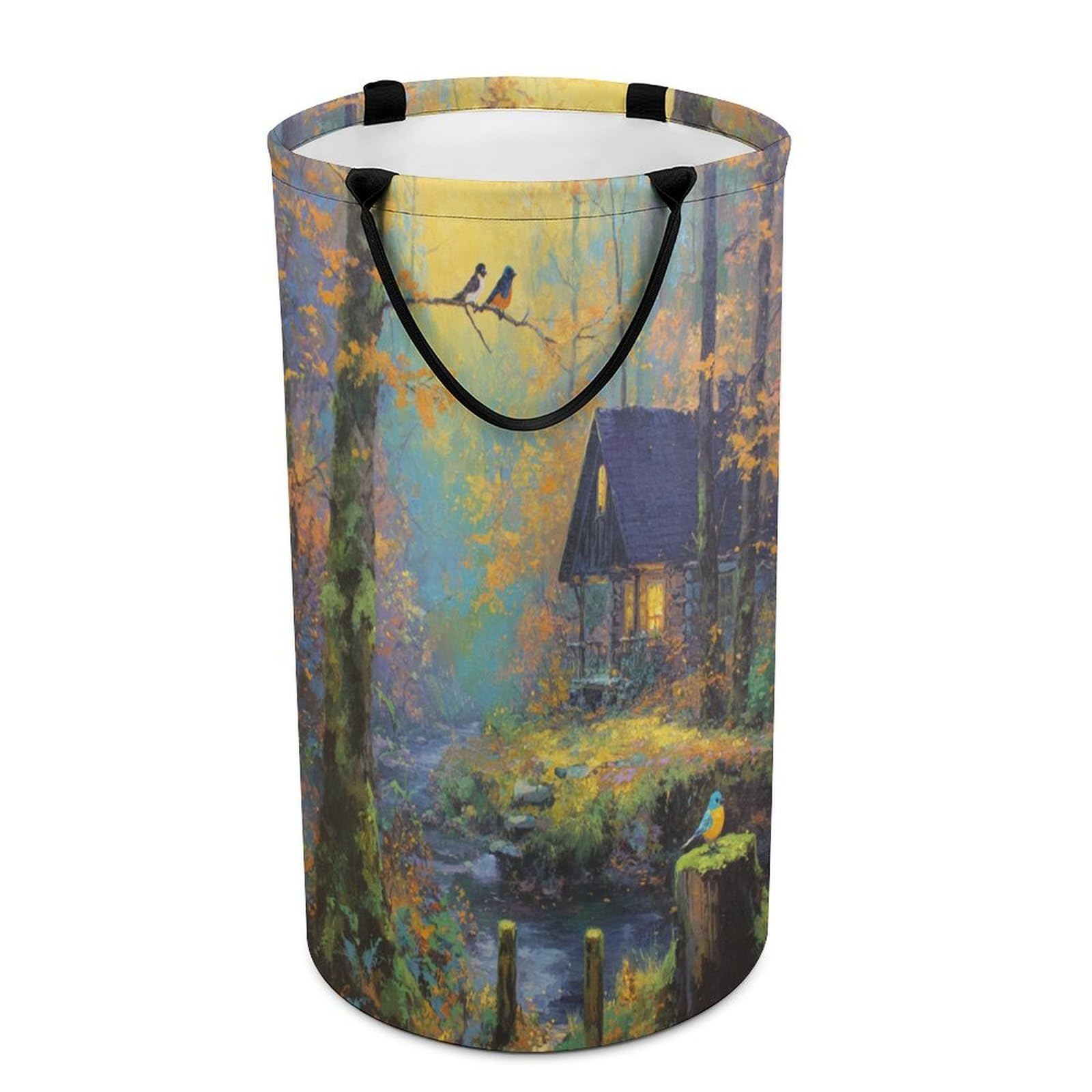 LUYYSKY Vintage Abstract Log Cabin Versatile Storage Laundry Basket, Classic Watercolor Fall Plant Maple Trees Animal Birds Large Bathroom Laundry Hamper With Handle-40 CM Dia, 69 CM High