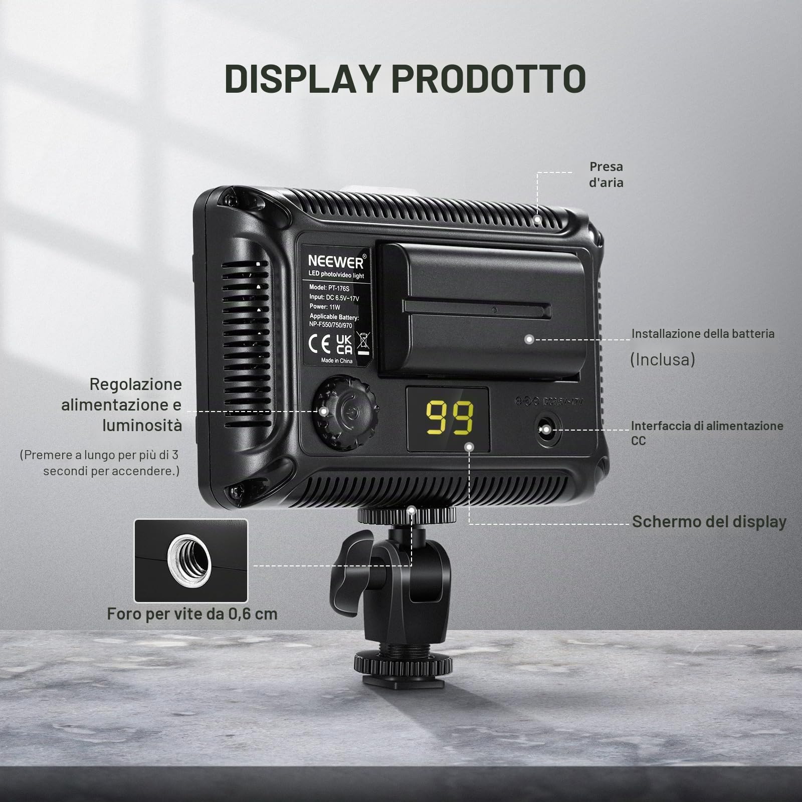 Neewer Pannello Luce LED 176 Bulbi Ultra Luminosa Dimmerabile 3200-5600K On-camera con Filettatura 1/4”di Montaggio per Reflex Canon Nikon Pentax Panasonic Sony Samsung Olympus ecc.