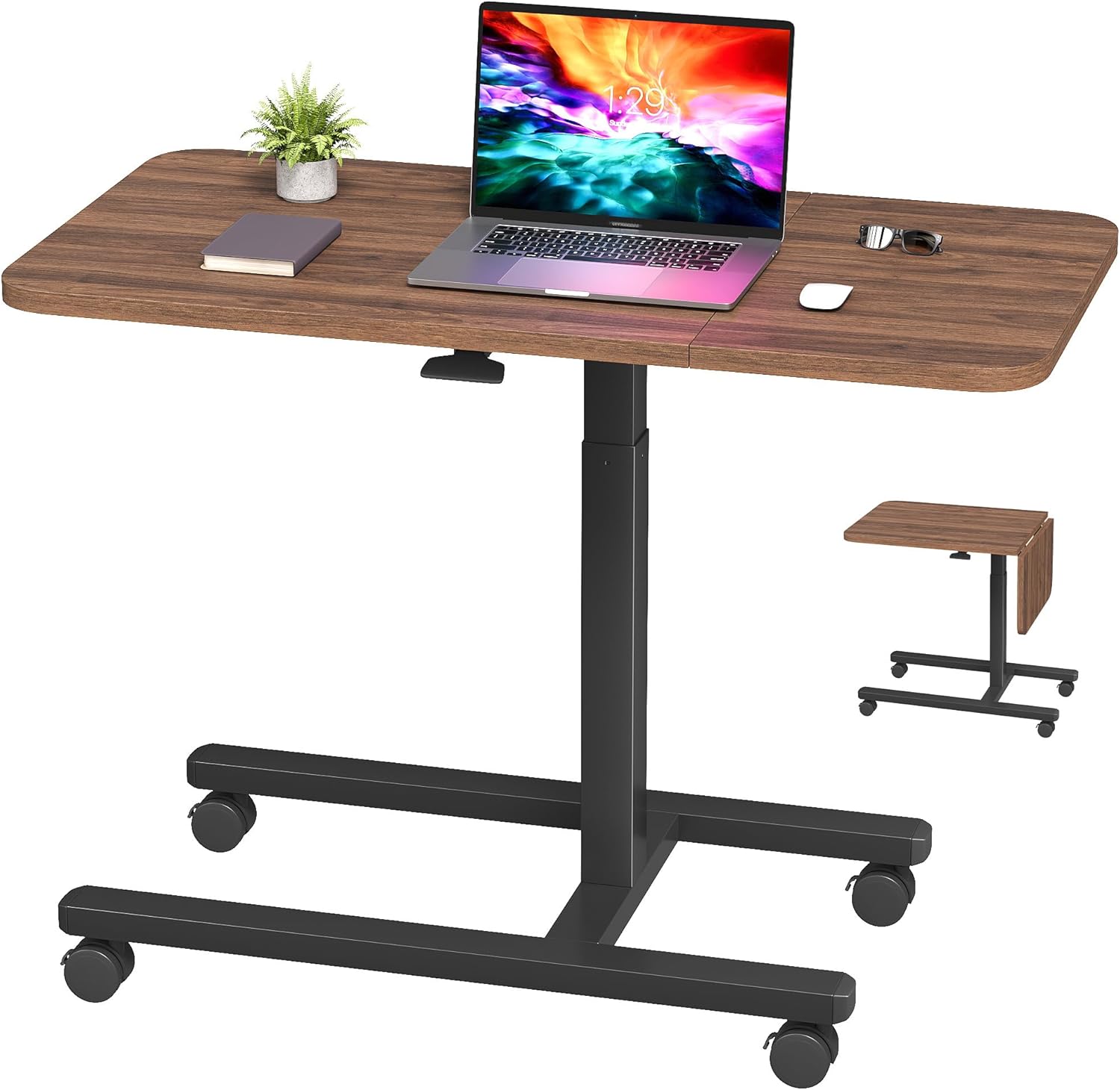 Homkdom C Shaped Table with Wheels, Side End Table with Extended Desktop, Adjustable Rolling Desk for Small Space, Dorm, Height Adjustment (29.5"-44"), Walnut Brown