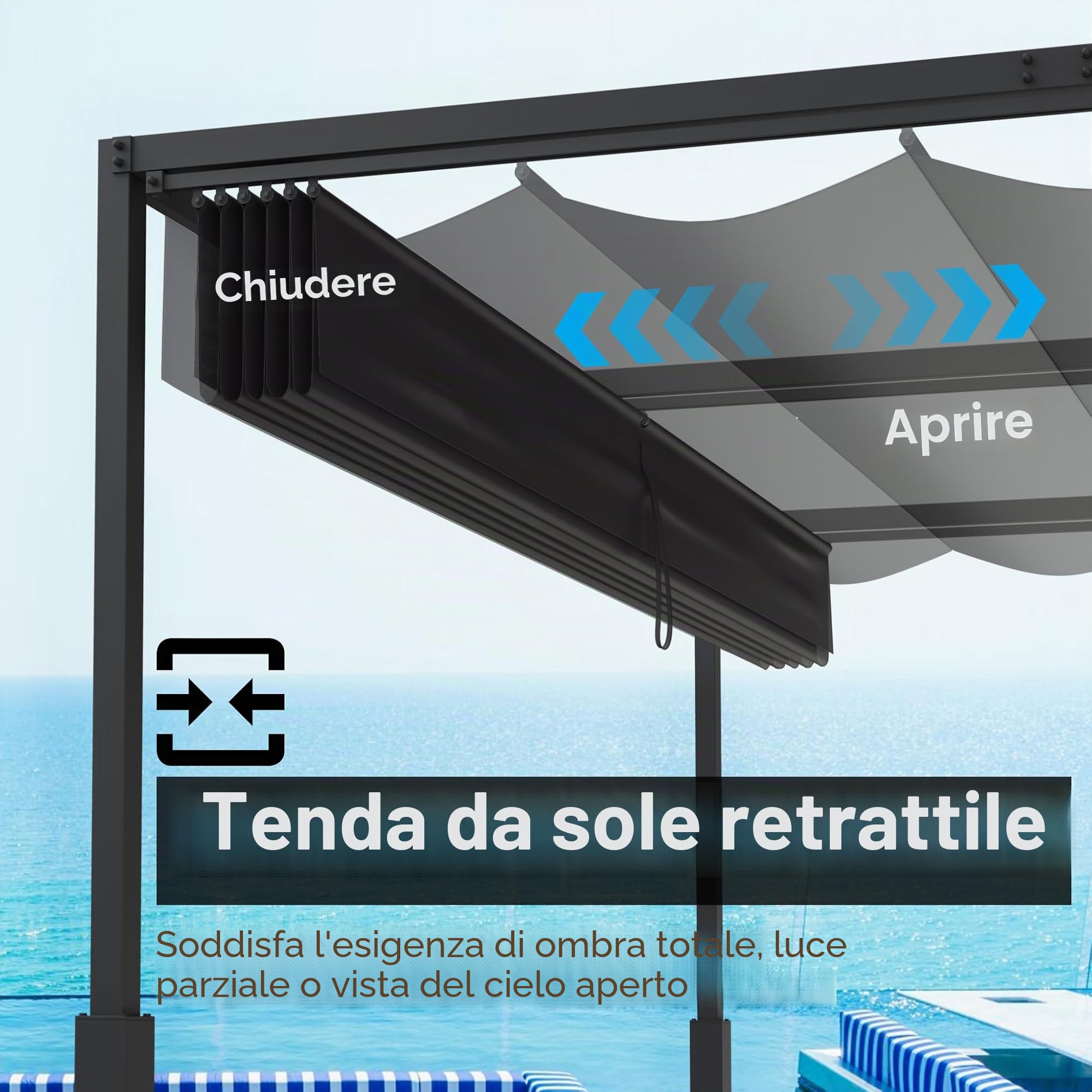 FIVMEN Pergola 3x3m, baldacchino impermeabile, stabile invernale, gazebo con ombreggiatura regolabile, protezione solare per giardino, terrazza e balcone, nero